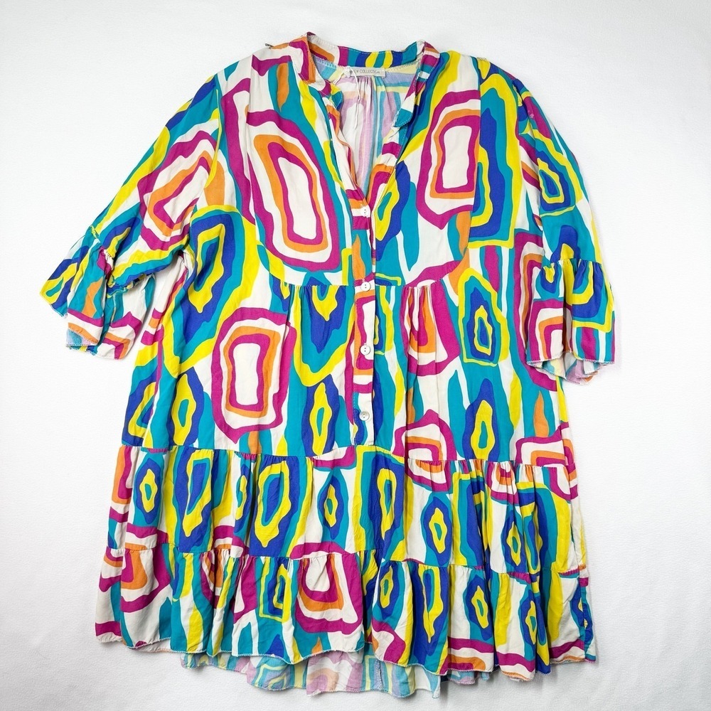 New Collection Abstract Geometric Tiered Summer Sun Mini Dress Bright Multicolor